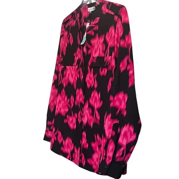 CALVIN KLEIN LONG SLV BUTTON UP V-NECK BLOUSE, WOMENS, XL-HOT PINK & BLACK ABSTR - Picture 3 of 12